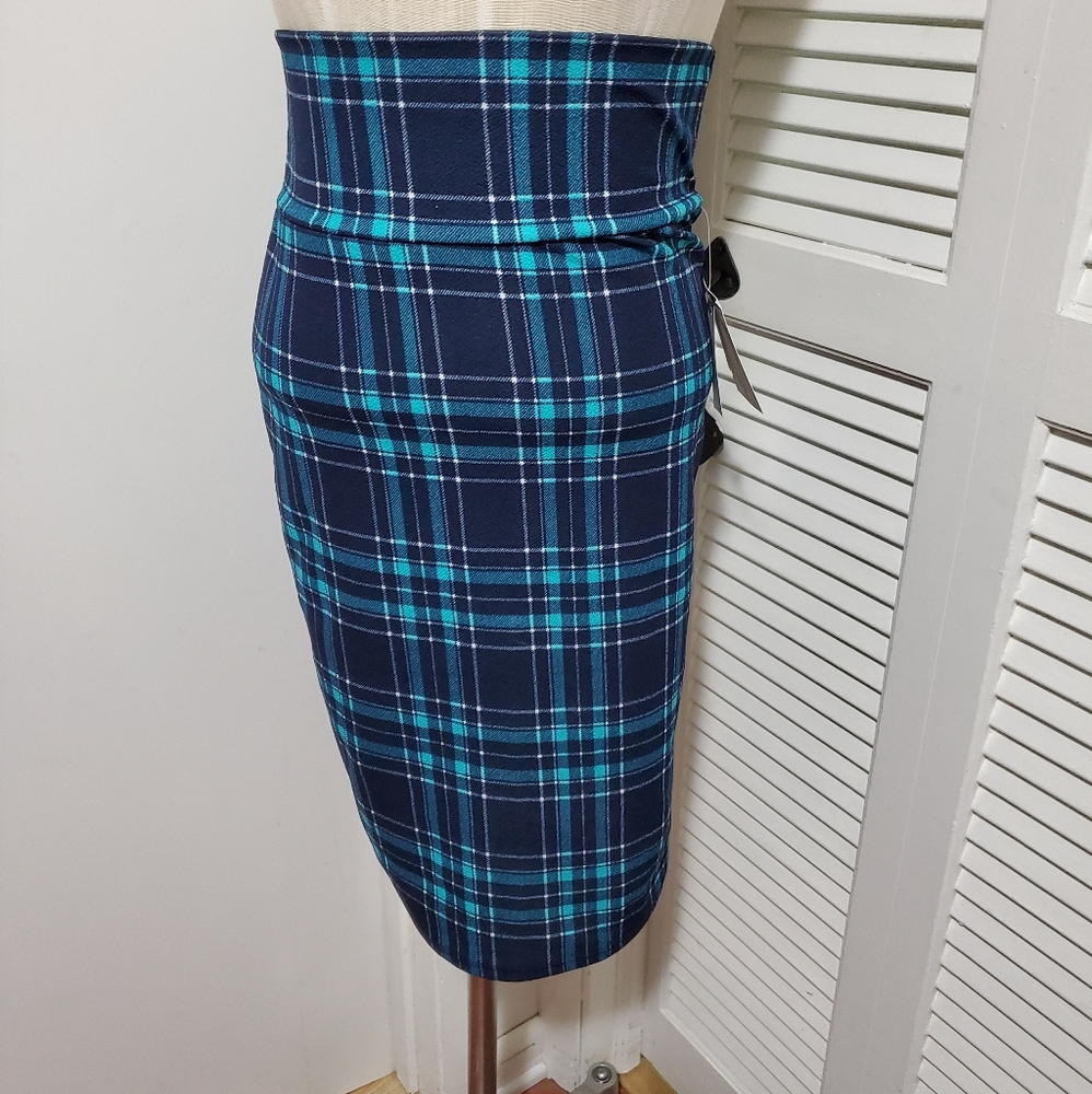 Teal navy & white plaid pencil skirt cassie
